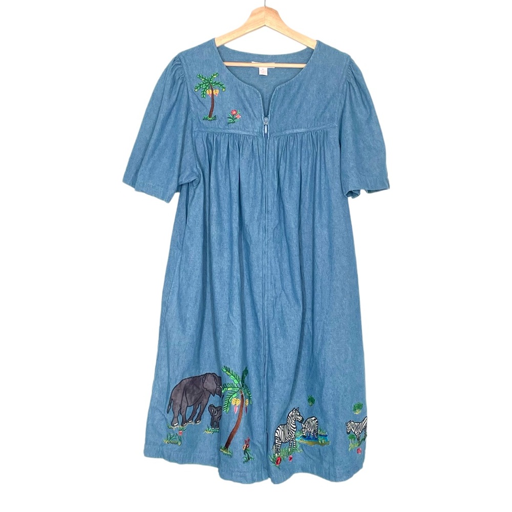 Go Softly Patio Dress Denim Cotton Embroidered Full Zip Pockets Large Petite
